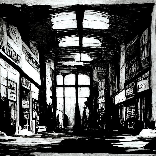 uma foto em preto e branco de uma loja com um sinal que diz a palavra sobre ele