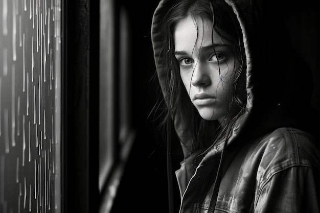 uma foto em preto e branco de uma menina olhando pela janela