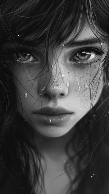 uma foto em preto e branco de uma mulher com lágrimas no rosto