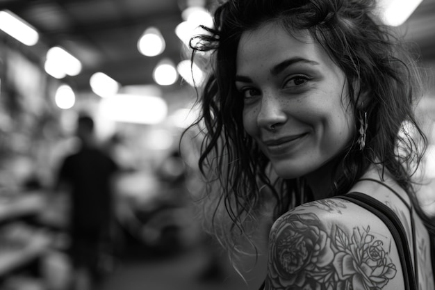 Foto uma foto em preto e branco de uma mulher com uma tatuagem no braço adequada para vários usos