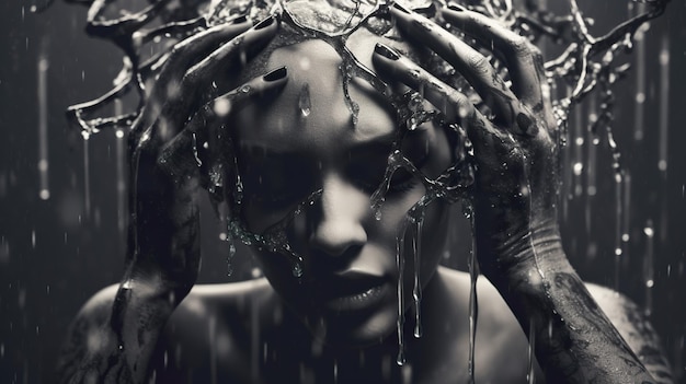 Uma foto em preto e branco de uma mulher na chuva generative ai image dor de cabeça enxaqueca