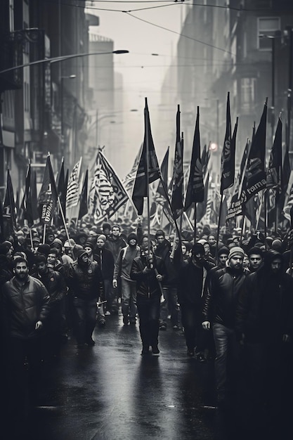 uma foto em preto e branco de uma multidão de pessoas segurando bandeiras e segurando bandeiras