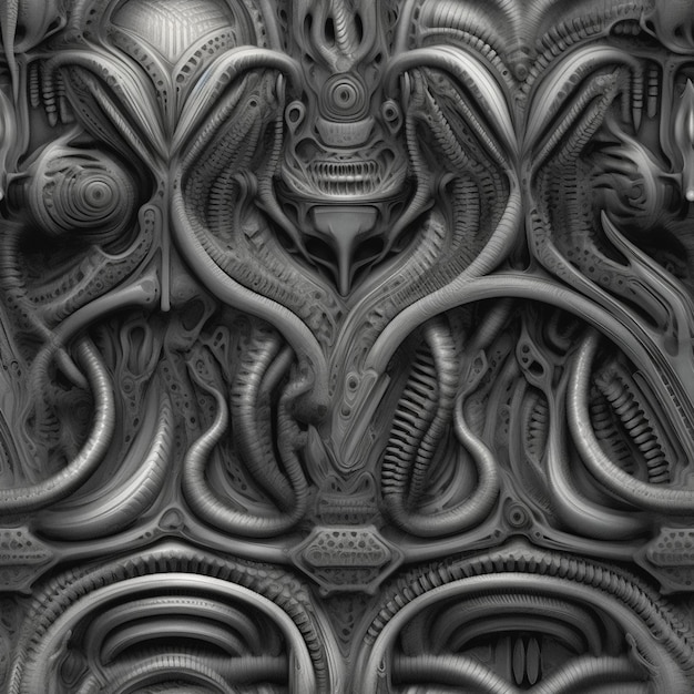 uma foto em preto e branco de uma parede com muitos tipos diferentes de cabeças alienígenas