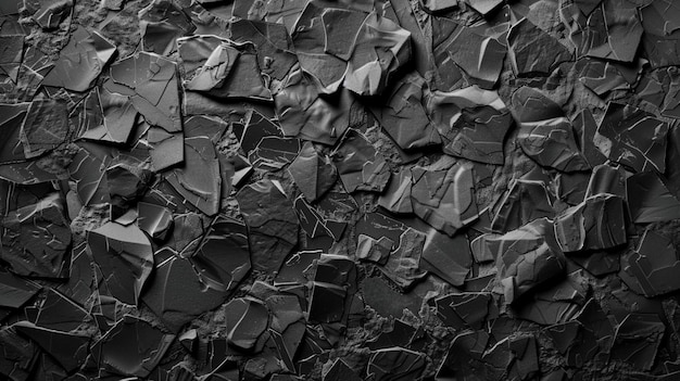 uma foto em preto e branco de uma parede feita de tijolos quebrados