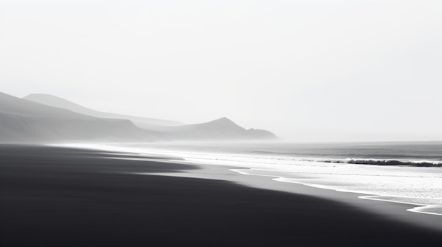 uma foto em preto e branco de uma praia com uma pessoa andando na areia