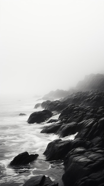 uma foto em preto e branco de uma praia rochosa