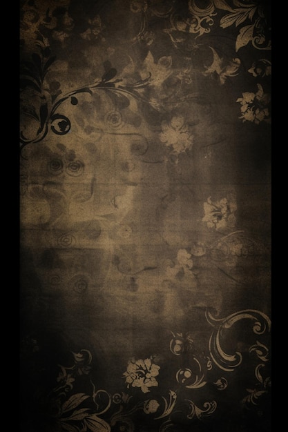 Uma foto em preto e marrom de uma parede com um padrão floral.