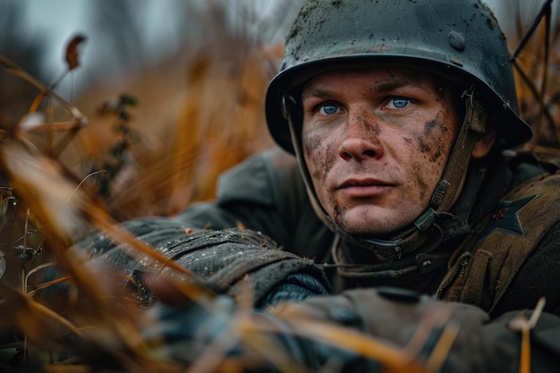 Uma foto emocional de um soldado da Segunda Grande Guerra, uma trágica experiência de guerra, um retrato convincente que reflete a profundidade do sofrimento e do heroísmo na luta pela liberdade.