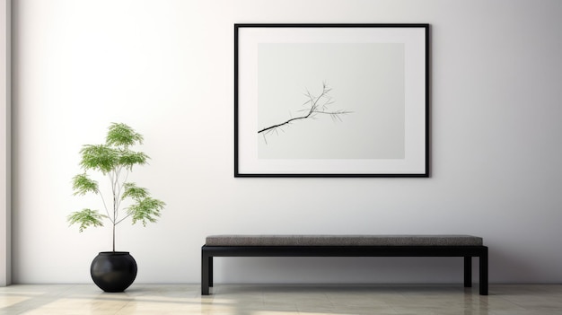 uma foto emoldurada de um galho e uma planta sobre uma mesa.