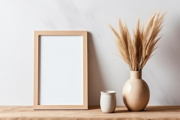 uma foto emoldurada de um trigo e um vaso sobre uma mesa.