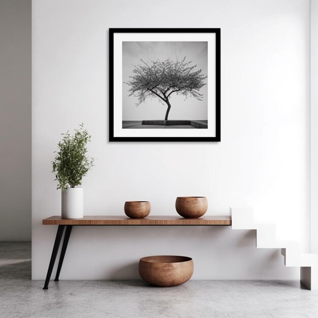 Uma foto emoldurada de uma árvore em uma parede com uma mesa de madeira e um vaso no topo.