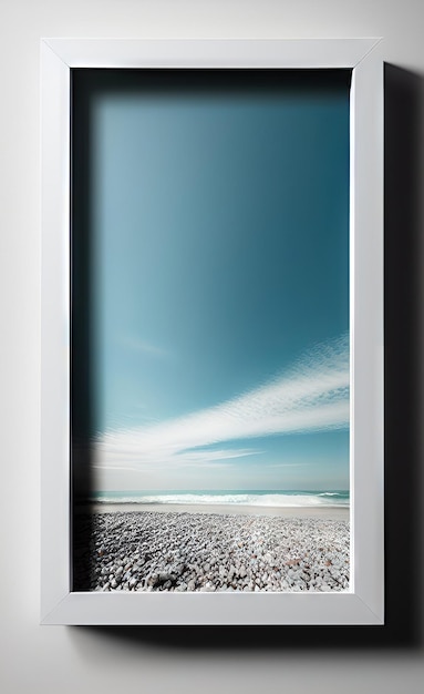 Uma foto emoldurada de uma cena de praia com uma cena de praia no quadro.