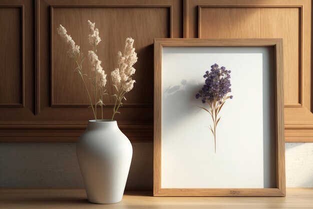 Uma foto emoldurada de uma flor ao lado de um vaso com uma flor roxa.