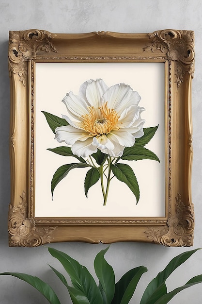 Uma foto emoldurada de uma flor com uma moldura de ouro