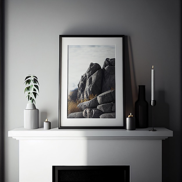 Uma foto emoldurada de uma montanha rochosa fica em um manto de lareira.