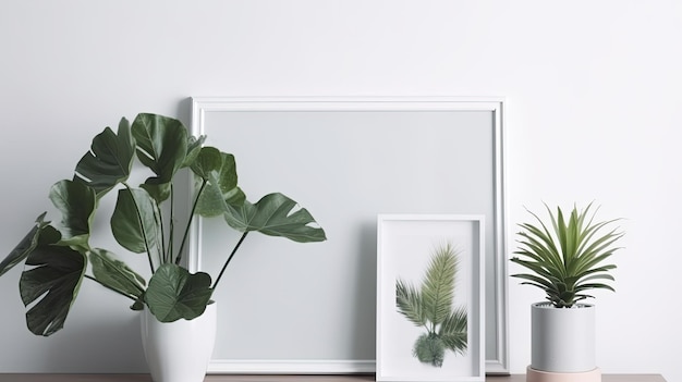 Uma foto emoldurada de uma planta em um piso de madeira ao lado de um vaso branco com uma planta dentro.