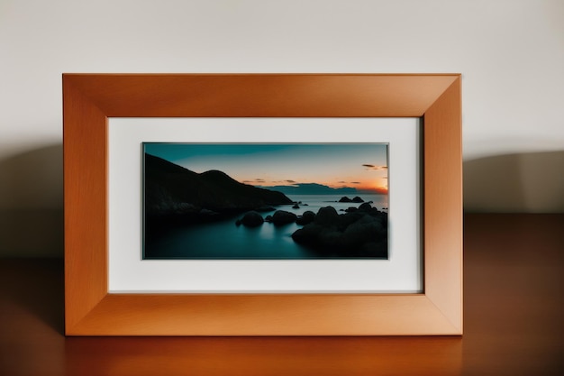 Uma foto emoldurada de uma praia com um pôr do sol ao fundo.