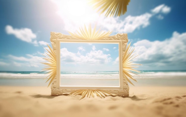 Uma foto emoldurada em uma praia com uma palmeira ao fundo.