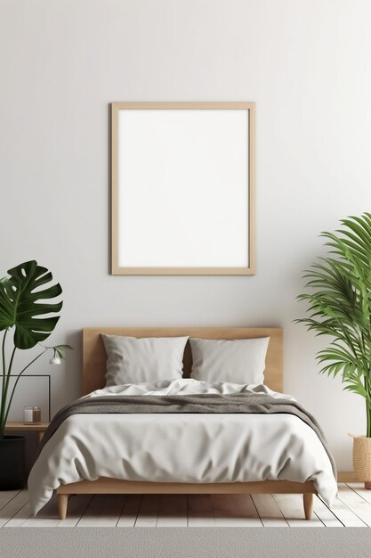 Uma foto emoldurada na parede acima de uma cama com uma planta.
