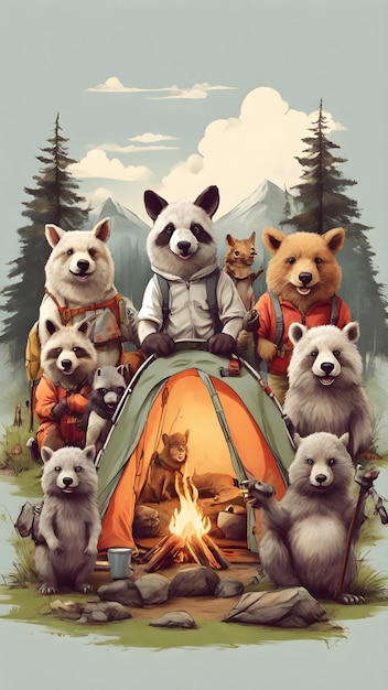 Uma foto engraçada de um grupo de animais em uma viagem de acampamento