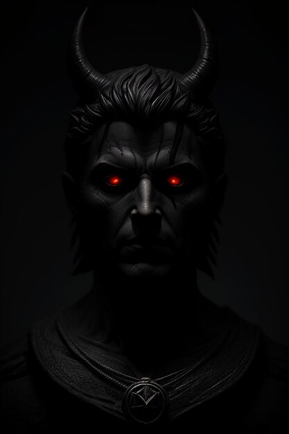 Foto uma foto escura de um demónio com olhos vermelhos e rosto preto.