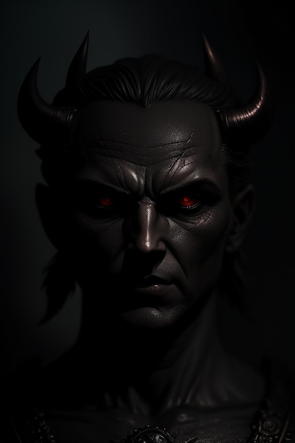 Uma foto escura de um diabo com olhos vermelhos e rosto preto.