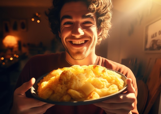 Uma foto estilo selfie de uma pessoa segurando um prato de purê de batata de Ação de Graças com uma expressão alegre