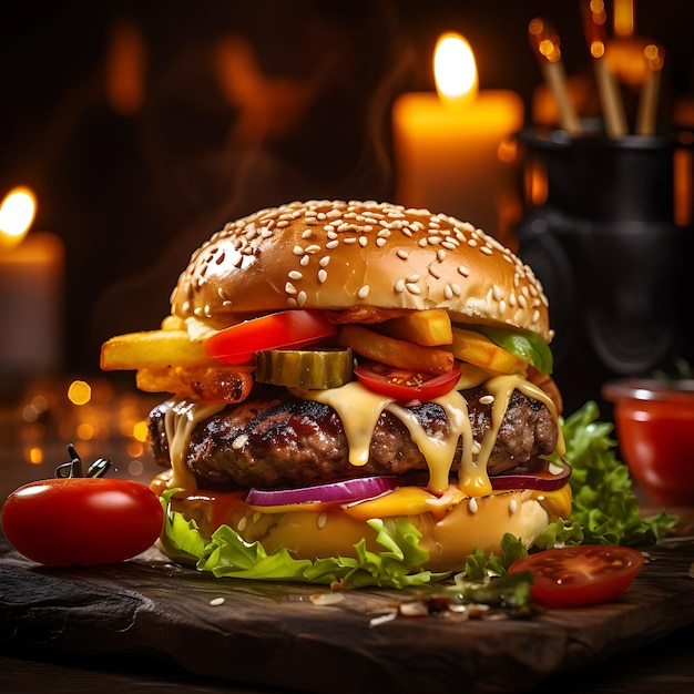 Uma foto extremamente cativante de close-up majestosa e majestosa foto detalhada de um delicioso hambúrguer suculento