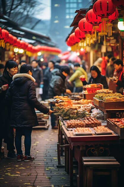 uma foto festiva de um movimentado mercado de Ano Novo Chinês