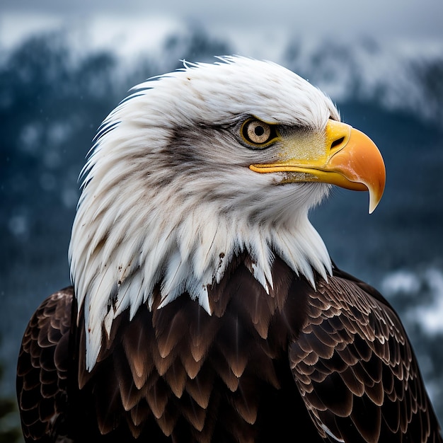 Uma foto focada de uma águia majestosa em um dia de inverno