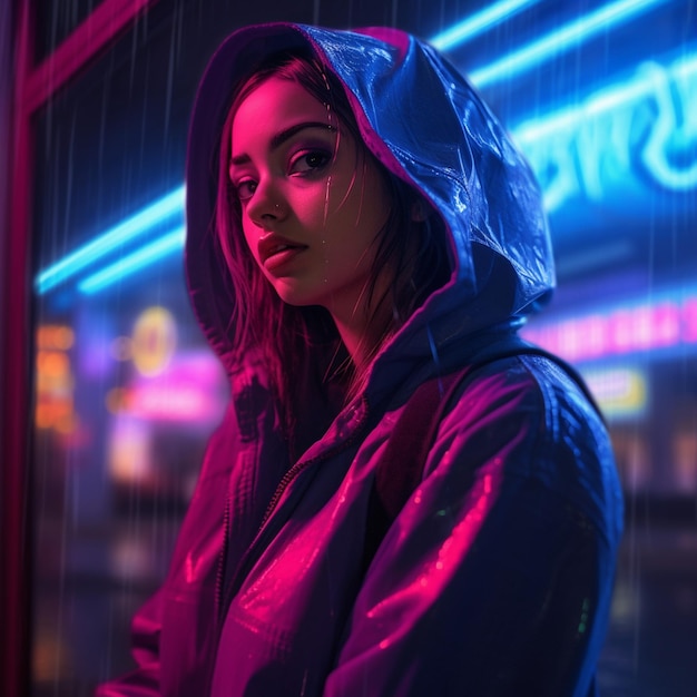 Uma foto grande angular de uma garota loira cyberpunk sem olhos azuis brilhantes Em uma cidade neon