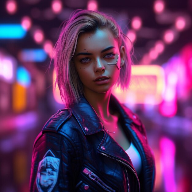 Uma foto grande angular de uma garota loira cyberpunk sem olhos azuis brilhantes Em uma cidade neon