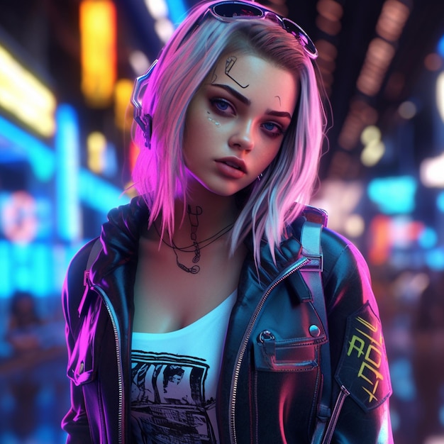 Uma foto grande angular de uma garota loira cyberpunk sem olhos azuis brilhantes Em uma cidade neon