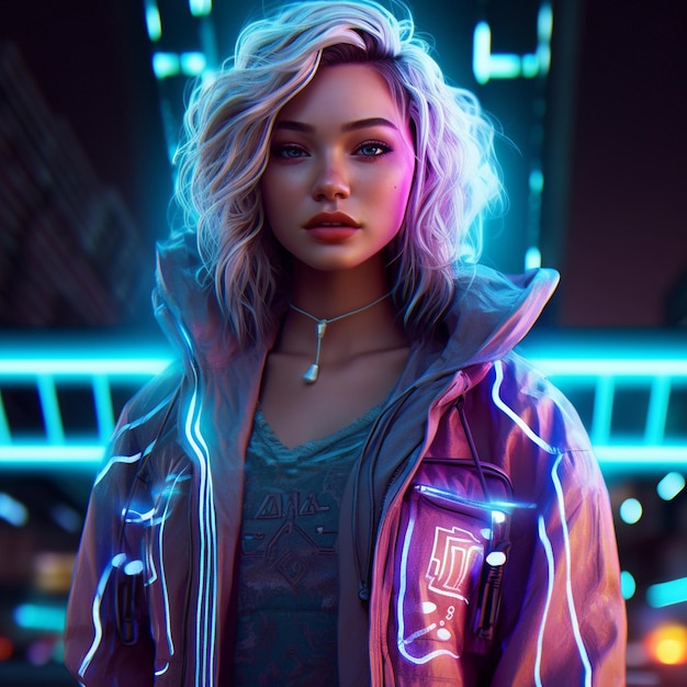 Uma foto grande angular de uma garota loira cyberpunk sem olhos azuis brilhantes Em uma cidade neon