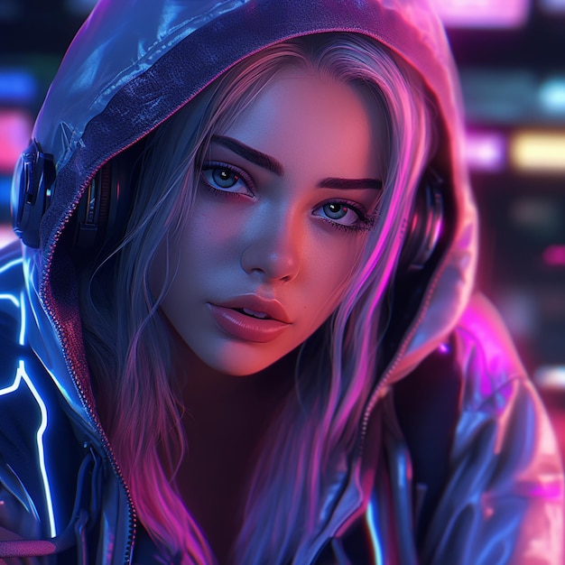 Uma foto grande angular de uma garota loira cyberpunk sem olhos azuis brilhantes Em uma cidade neon