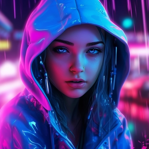 Uma foto grande angular de uma garota loira cyberpunk sem olhos azuis brilhantes Em uma cidade neon