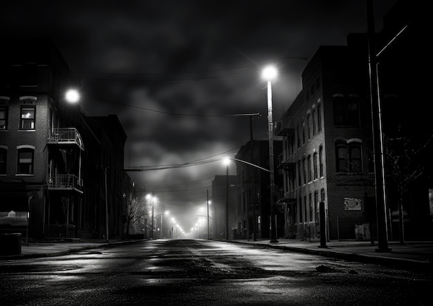 Uma foto grande angular de uma rua da cidade durante uma queda de energia com apenas algumas luzes bruxuleantes