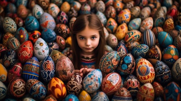 Uma foto hipnotizante de uma garota cercada pelas cores vibrantes dos ovos de Páscoa ucranianos mostrando t