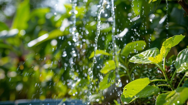 Foto uma foto ilustrando práticas de utilização sustentável da água, tais como sistemas de recolha de água da chuva, aparelhos de poupança de água ou jardins com xeriscaping, enfatizando a importância da conservação dos recursos hídricos