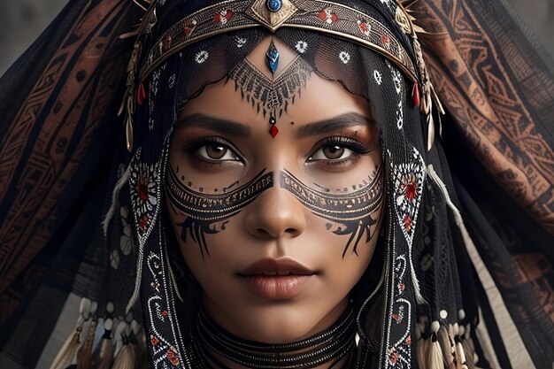Uma foto impressionante de uma mulher com marcas tribais astecas e um véu incrivelmente detalhado