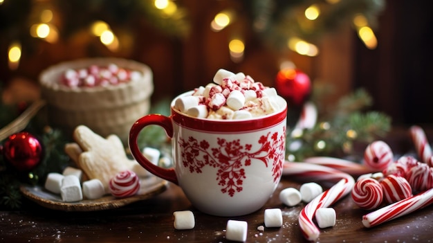 Uma foto incrível de chocolate quente gourmet em uma linda caneca de Natal