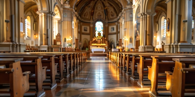 Foto uma foto interior serena de uma nave da igreja com fileiras de bancos e um grande altar