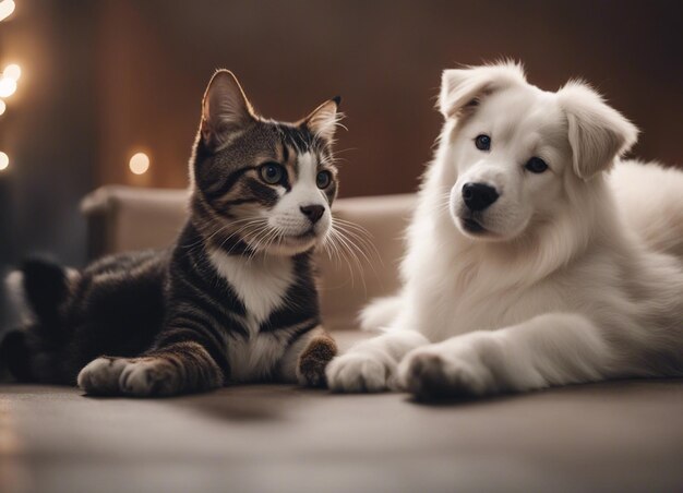 Uma foto isolada de um cão aconchegando-se com um gato no jardim