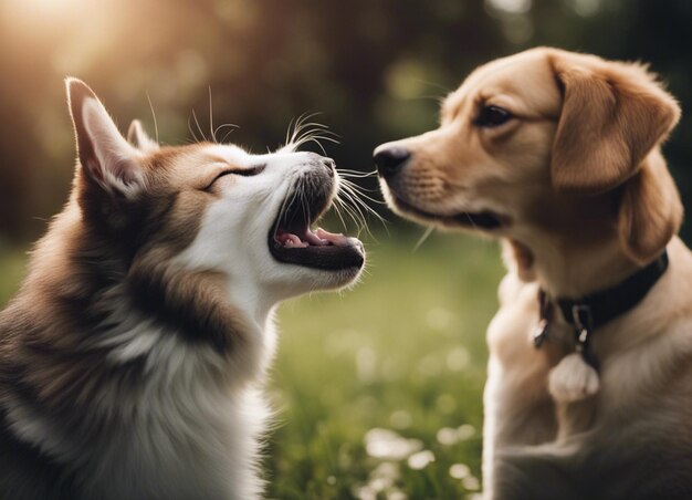 Foto uma foto isolada de um cão aconchegando-se com um gato no jardim