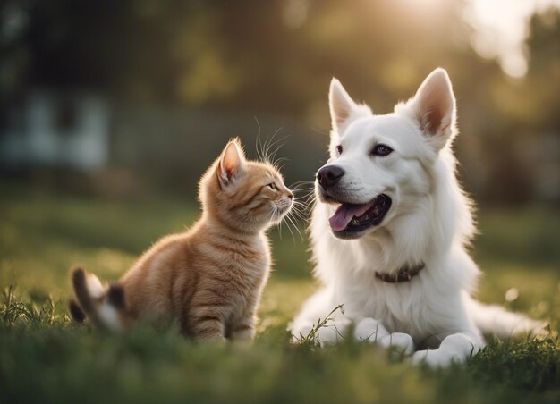 Uma foto isolada de um cão aconchegando-se com um gato no jardim