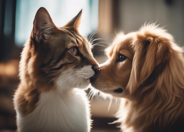 Foto uma foto isolada de um cão aconchegando-se com um gato no jardim