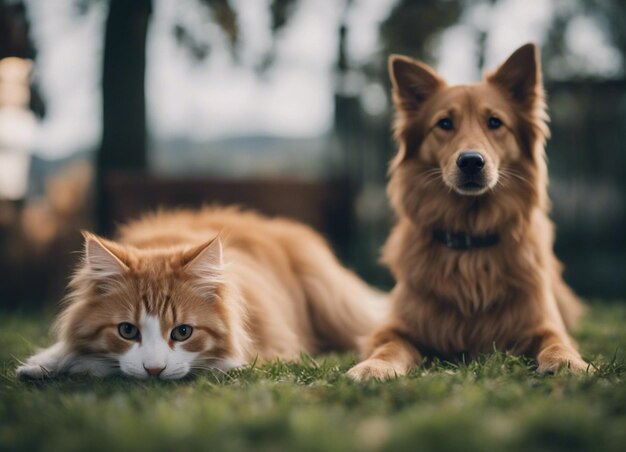 Uma foto isolada de um cão aconchegando-se com um gato no jardim