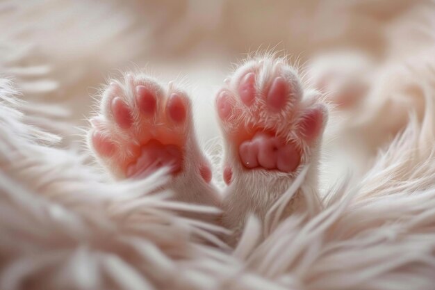 Uma foto macro de um gatinho recém-nascido com pequenas patas delicadas