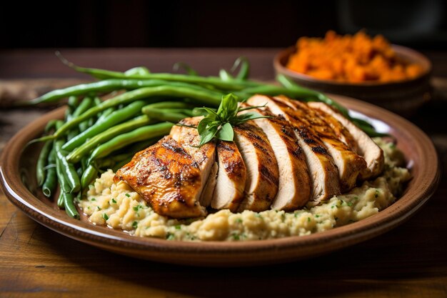 Uma foto macro de um prato de peito de frango grelhado com quinoa e legumes assados