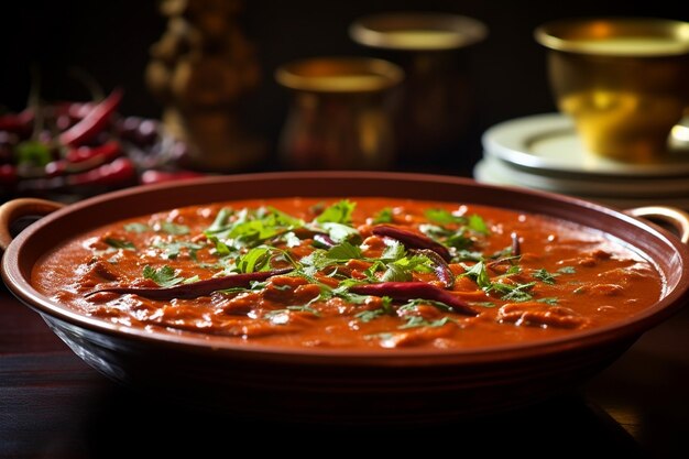 Uma foto macro de um prato de rajma masala com feijão-rino em um molho de tomate temperado